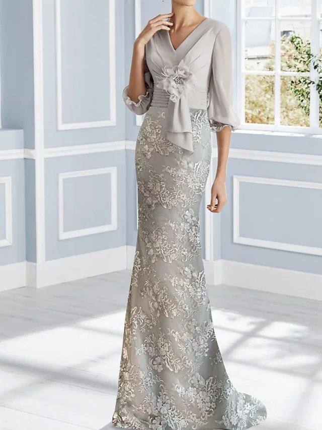 Mermaid / Trumpet Mother of the Bride Dress Elegant V Neck Sweep / Brush Train Chiffon Lace Half Sleeve with Pleats Appliques - RongMoon