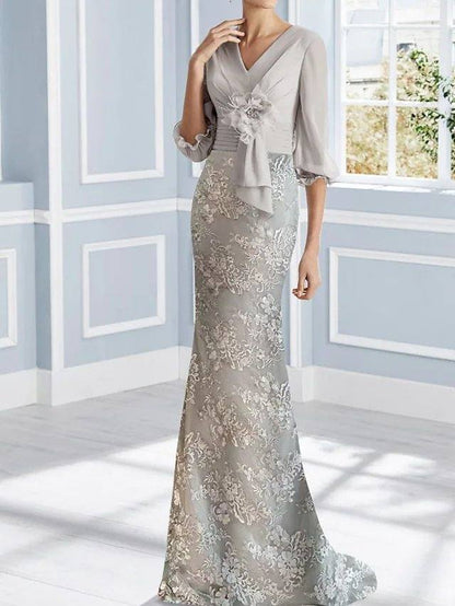 Mermaid / Trumpet Mother of the Bride Dress Elegant V Neck Sweep / Brush Train Chiffon Lace Half Sleeve with Pleats Appliques - RongMoon