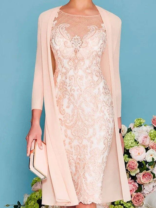 Two Piece Sheath / Column Mother of the Bride Dress Elegant Jewel Neck Knee Length Lace 3/4 Length Sleeve with Embroidery - RongMoon