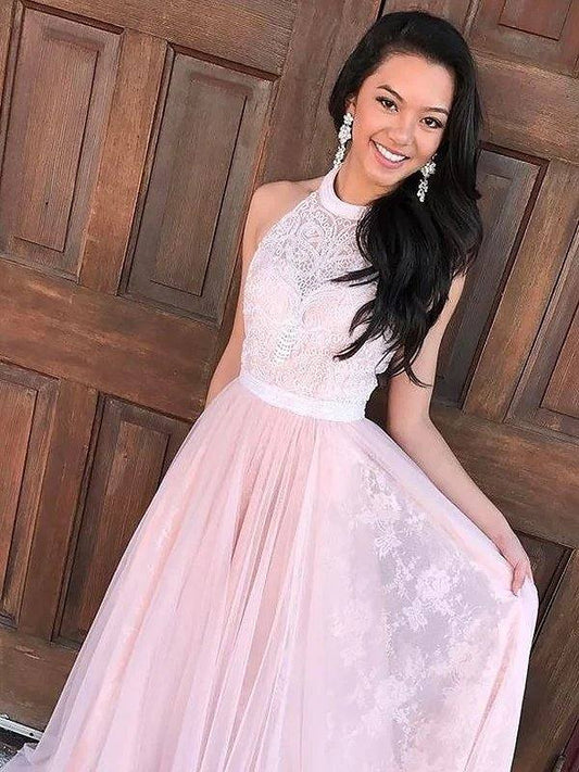 A-Line/Princess Sleeveless Halter Tulle Lace Sweep/Brush Train Dresses - RongMoon