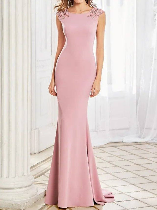Mermaid / Trumpet Beautiful Back Elegant Engagement Formal Evening Dress Boat Neck Sleeveless Sweep / Brush Train Stretch Satin with Beading - RongMoon