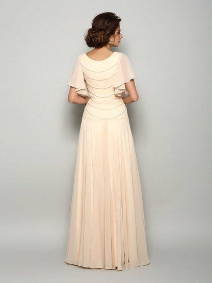 A-Line/Princess Square Beading Short Sleeves Long Chiffon Mother of the Bride Dresses - RongMoon