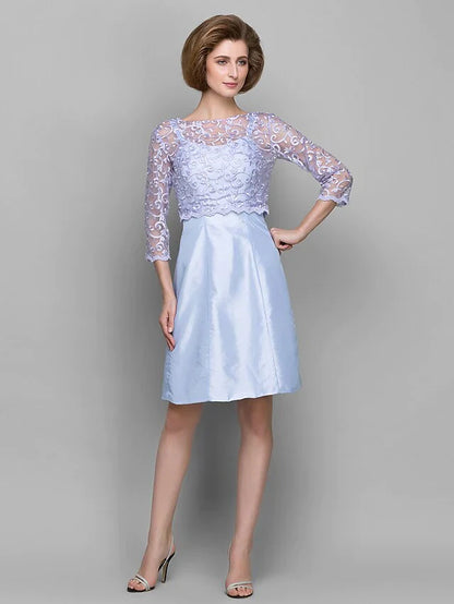 Mother of the Bride Dress Convertible Dress Bateau Neck Knee Length Lace Taffeta Length Sleeve with Lace