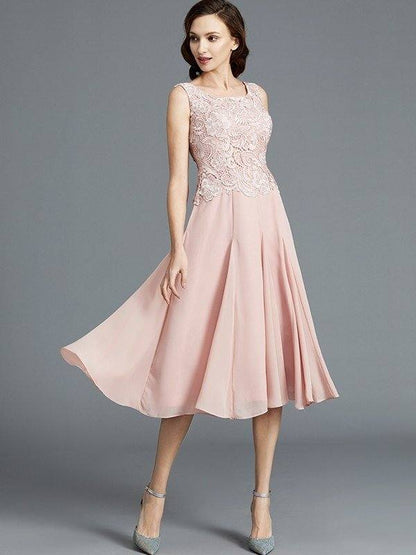 A-Line/Princess Sleeveless Scoop Tea-Length Chiffon Mother of the Bride Dresses - RongMoon