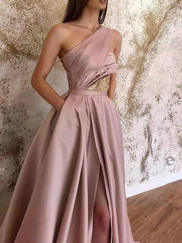 A-Line Minimalist Sexy Wedding Guest Formal Evening Valentine's Day Dress One Shoulder Sleeveless Sweep / Brush Train Satin with Pleats Split - RongMoon