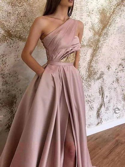 A-Line Minimalist Sexy Wedding Guest Formal Evening Valentine's Day Dress One Shoulder Sleeveless Sweep / Brush Train Satin with Pleats Split - RongMoon