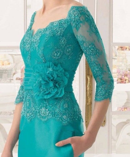Mint Green Mother Of The Bride Dresses Sheath 3/4 Sleeves Appliques Beaded Long Wedding Party Dress Mother Dress For Wedding - RongMoon