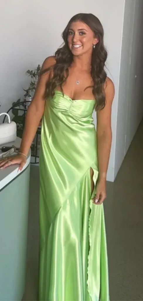 Beautiful Spaghetti Straps Satin Slit Evening Dress Open Back Party Dress cc2055
