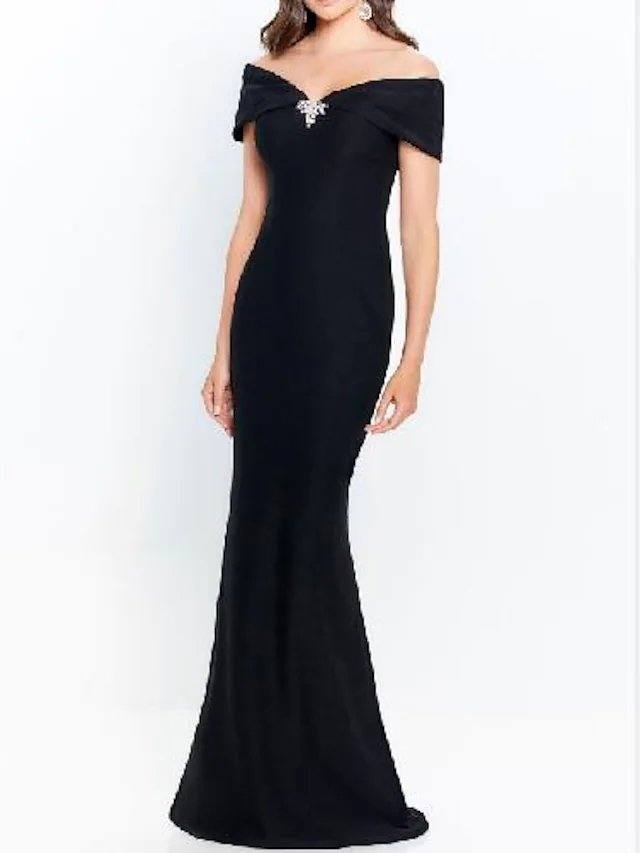 Mermaid / Trumpet Mother of the Bride Dress Elegant Off Shoulder Sweep / Brush Train Stretch Fabric Short Sleeve with Ruching - RongMoon