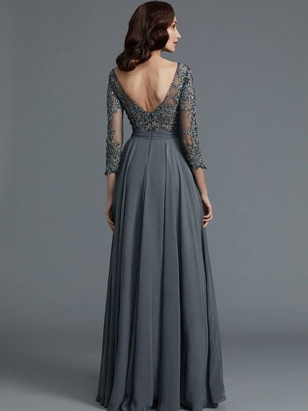 A-Line/Princess 3/4 Sleeves Bateau Floor-Length Chiffon Mother of the Bride Dresses - RongMoon