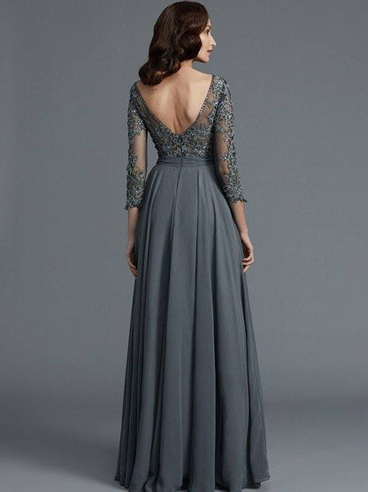 A-Line/Princess 3/4 Sleeves Bateau Floor-Length Chiffon Mother of the Bride Dresses - RongMoon