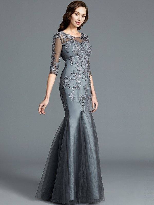 Sheath/Column Scoop Applique 1/2 Sleeves Tulle Floor-Length Mother of the Bride Dresses - RongMoon