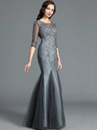Sheath/Column Scoop Applique 1/2 Sleeves Tulle Floor-Length Mother of the Bride Dresses - RongMoon