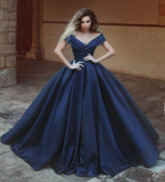 Navy Blue Prom Dresses Ball Gown Off The Shoulder Satin Dubai Saudi Arabic Robe De Soiree Long Prom Gown Evening Dresses - RongMoon