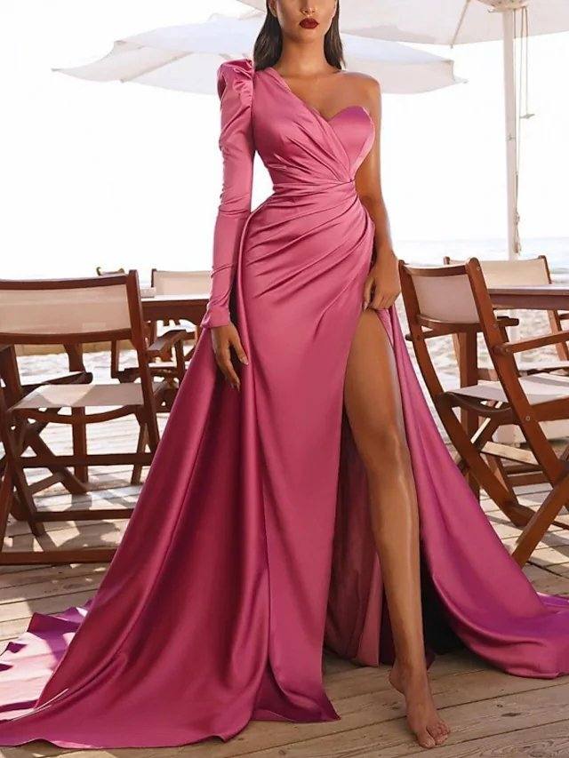 A-Line Elegant Vintage Party Wear Prom Dress One Shoulder Long Sleeve Court Train Satin with Ruched Split - RongMoon