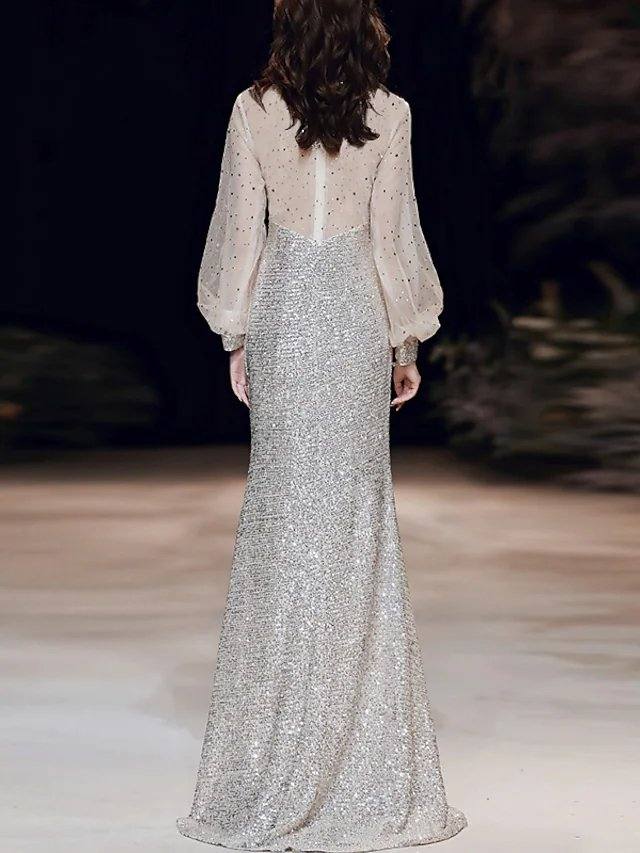 A-Line Mermaid / Trumpet Sparkle Elegant Prom Formal Evening Dress Illusion Neck Long Sleeve Sweep / Brush Train Sequined with Sequin - RongMoon