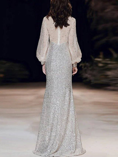 A-Line Mermaid / Trumpet Sparkle Elegant Prom Formal Evening Dress Illusion Neck Long Sleeve Sweep / Brush Train Sequined with Sequin - RongMoon