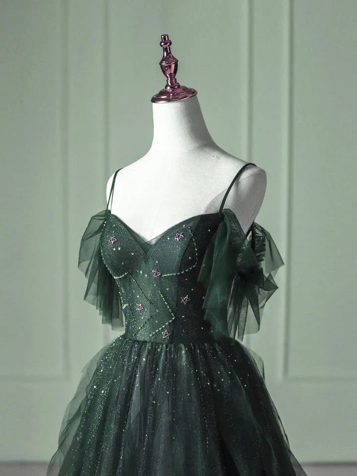 Green Gradient Tulle A-line Long Formal Dress, Green Beaded Straps Party Dress Prom Dress HZ1024