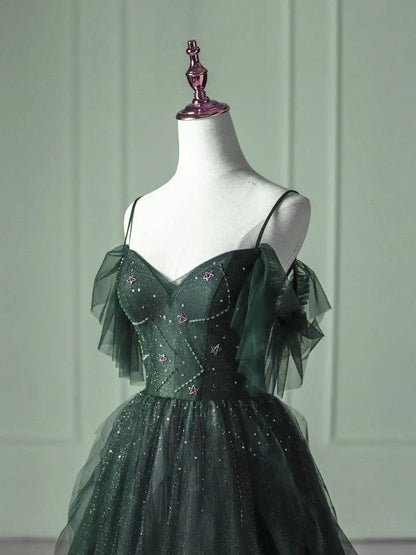 Green Gradient Tulle A-line Long Formal Dress, Green Beaded Straps Party Dress Prom Dress HZ1024