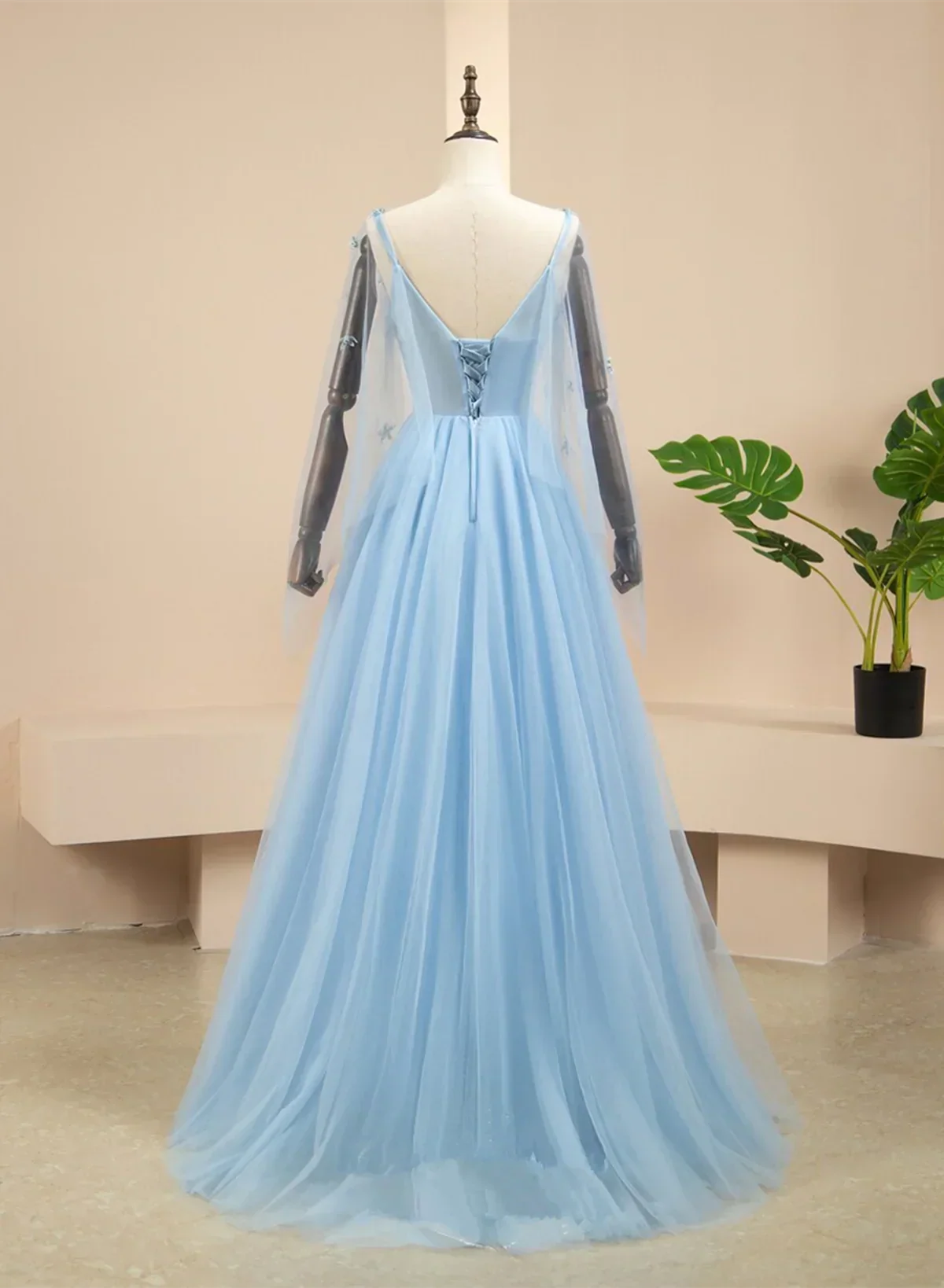 Pretty Light Blue A-line Puffy Sleeves Party Dress, Light Blue Evening Dress Prom Dress HZ1024
