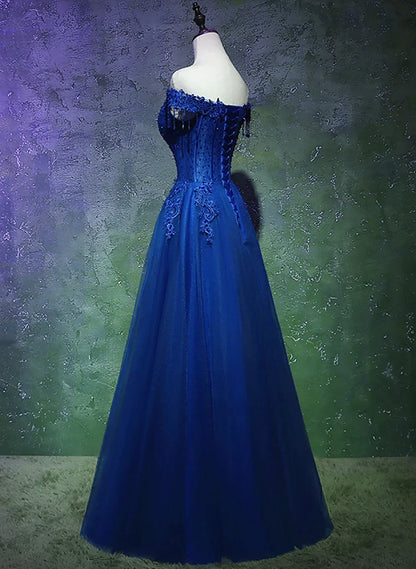 Lovely Blue Tulle with Lace and Beadings Long Party Dress, Blue Long Formal Dress HZ1024