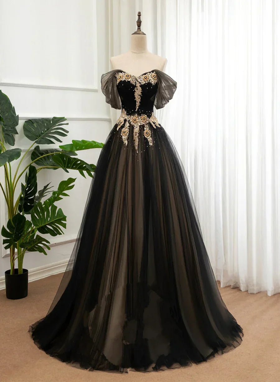 Black and Champagne Tulle Long Party Dress, Off Shoulder Formal Dress Prom Dress HZ1024