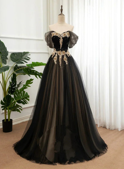Black and Champagne Tulle Long Party Dress, Off Shoulder Formal Dress Prom Dress HZ1024