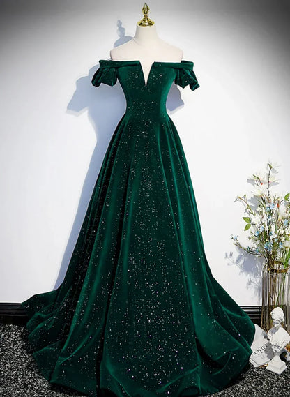 Green Off Shoulder A-line Floor Length Party Dress, Green Long Formal Dress Prom Dress HZ1024