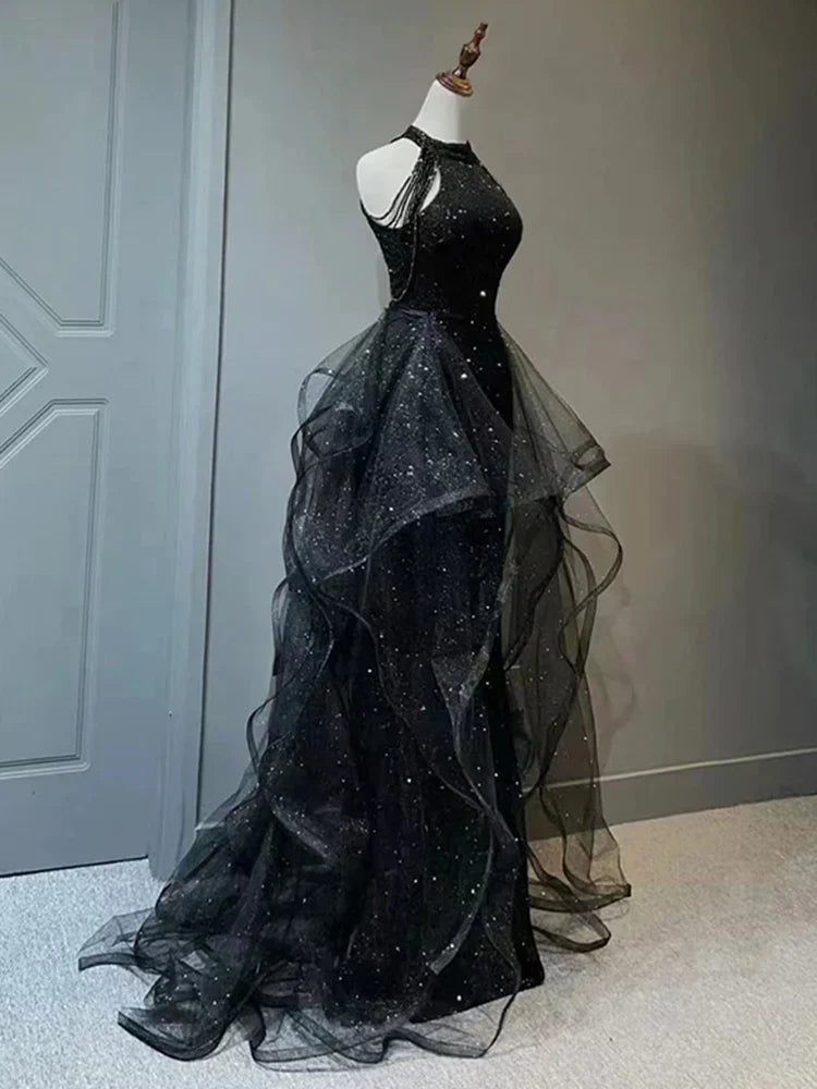 Chic Halter Sequins Black Long Party Dress with Tulle, Black Long Evening Dress HZ1024