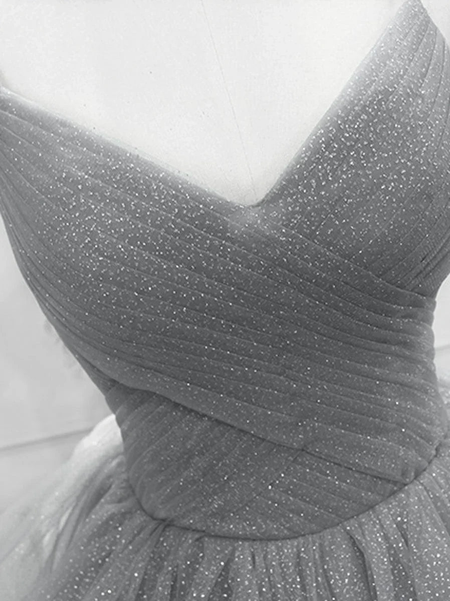 Light Grey Tulle Ball Gown Long V-neckline Formal Dress, Grey Wedding Party Dress HZ1024