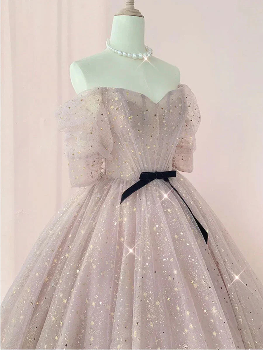 Pink Ball Gown Tulle Long Prom Dress ,Tulle Lace Short Sleeves Party Dress HZ1024