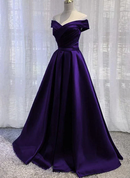 Purple Satin A-line Wedding Party Dress, Purple Long Prom Dress Evening Dress HZ1024