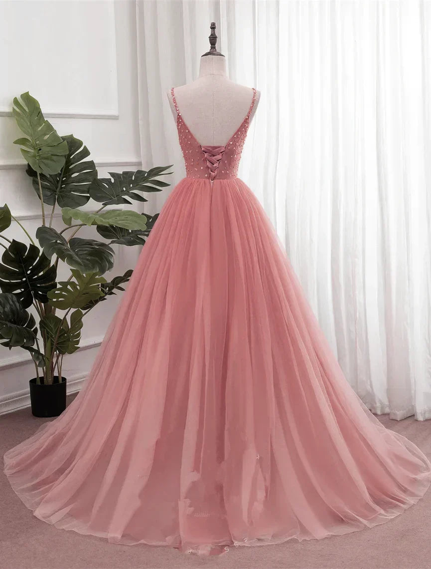 Pink V-neckline Sequins Straps Long Party Dress, Pink Floor Length Formal Dress HZ1024