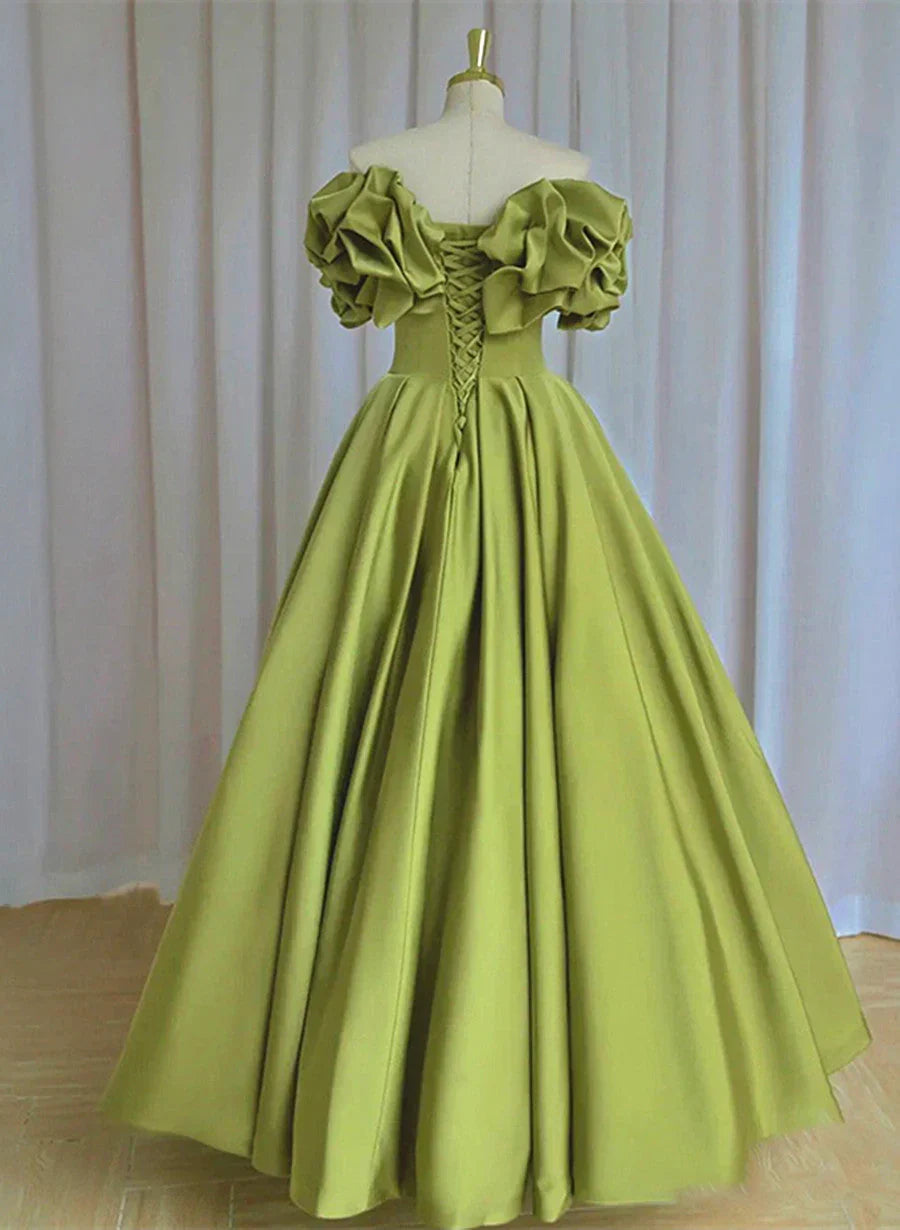 Light Green Satin Long Off Shoulder Lace-Up Party Dress, Green Prom Dress HZ1024
