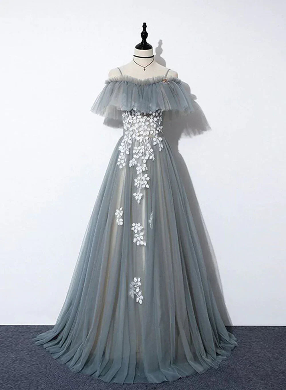 Grey Tulle with White Lace A-line Off Shoulder Party Dress, A-line Grey Evening Dress HZ1024