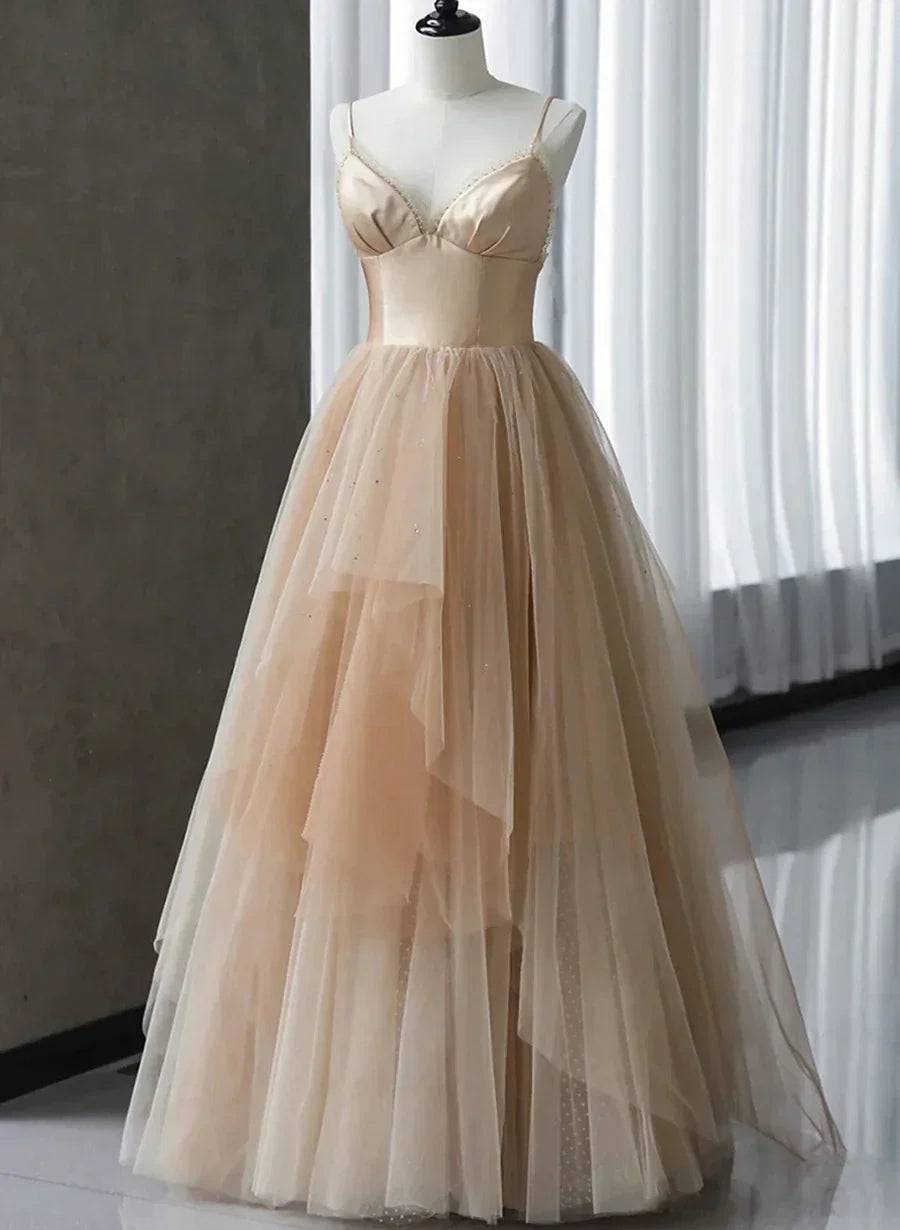 Champagne V-neckline Beaded Tulle Prom Dress, A-line Low Back Party Dress HZ1024
