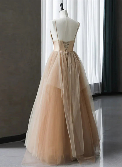 Champagne V-neckline Beaded Tulle Prom Dress, A-line Low Back Party Dress HZ1024
