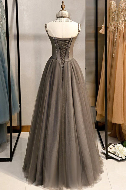 Grey Beaded Sweetheart Tulle Floor Length Party Dress, Grey Long Prom Dress HZ1024