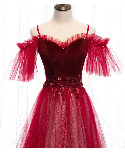 Dark Red Velvet and Tulle Party Dress, A-line Tulle Floor Length Wedding Party Dress HZ1024