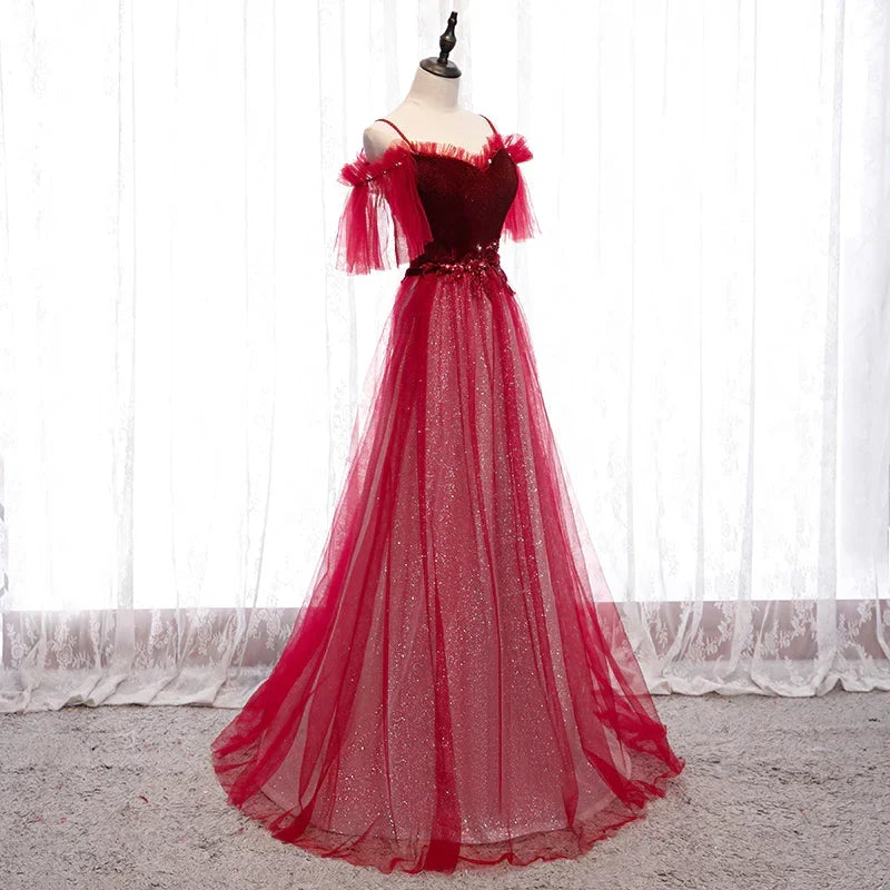 Dark Red Velvet and Tulle Party Dress, A-line Tulle Floor Length Wedding Party Dress HZ1024