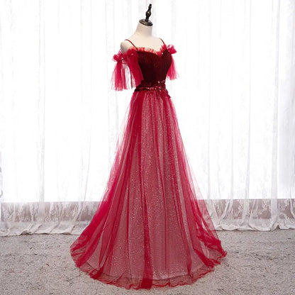 Dark Red Velvet and Tulle Party Dress, A-line Tulle Floor Length Wedding Party Dress HZ1024