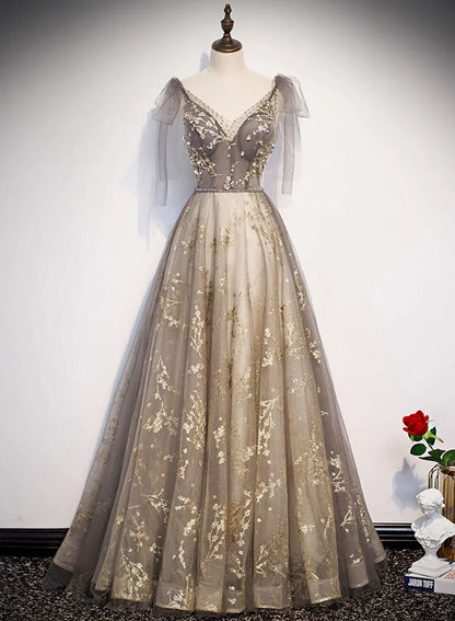 Champagne V-neckline Tulle Long Party Dress, A-line Straps Prom Dress HZ1024