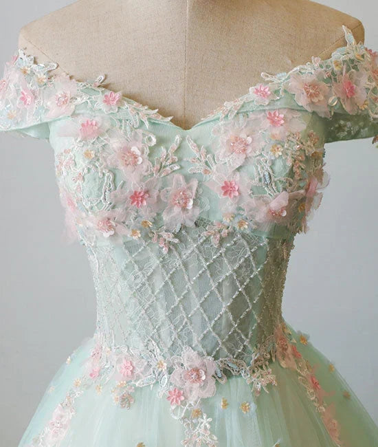 Light Green Flowers Beaded Off Shoulder Party Dress, Green Evening Prom Dress HZ1024