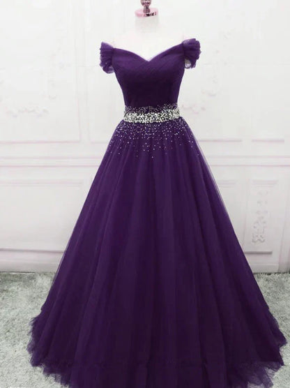Dark Purple Tulle Beaded Off Shoulder Party Dress, Purple A-line Prom Dress HZ1024