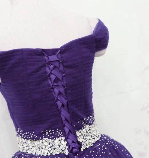 Dark Purple Tulle Beaded Off Shoulder Party Dress, Purple A-line Prom Dress HZ1024