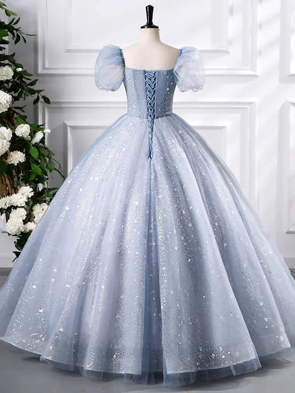 A-Line Blue Tulle Sequins Floor Length Prom Dress, Beautiful Short Sleeve Evening Party Dress HZ1024