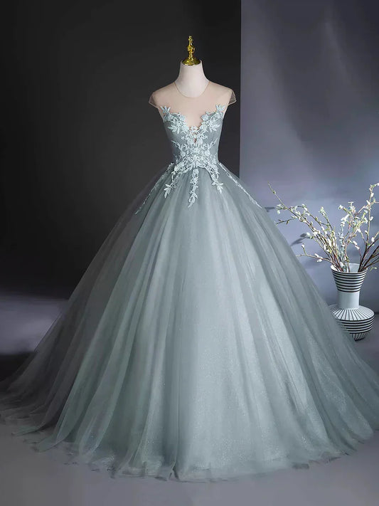 A-Line Scoop Neckline Tulle Floor Length Formal Dress with Lace, Elegant Evening Party Dress HZ1024