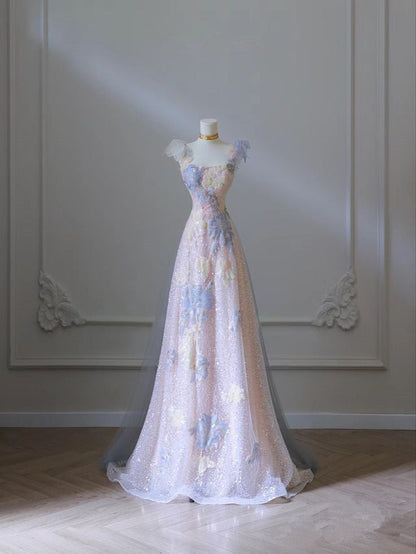 Pink Floral A-Line Strap Tulle Long Evening Dress HZ1024