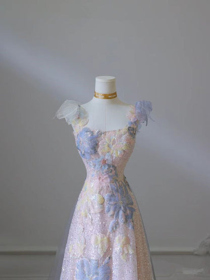 Pink Floral A-Line Strap Tulle Long Evening Dress HZ1024