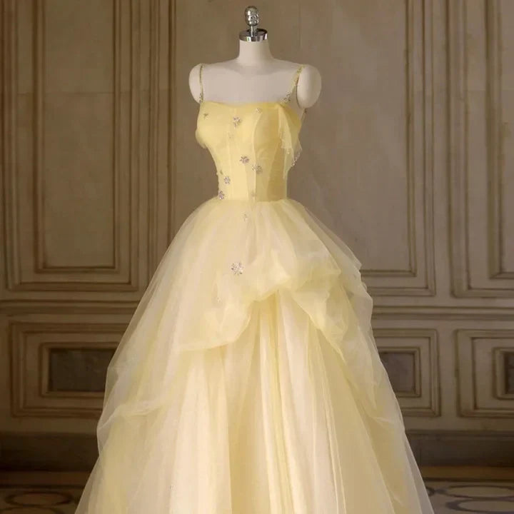 Light Yellow Tulle Long Party Dress, Yellow Tulle Prom Dress HZ1024